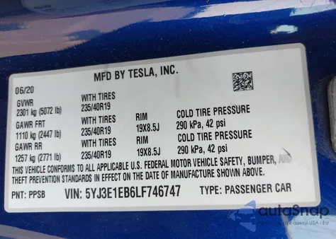 2020 Tesla Model 3 Long Range Dual Motor All-Wheel Drive z USA, uszkodzony, nr VIN 5YJ3E1EB6LF746747